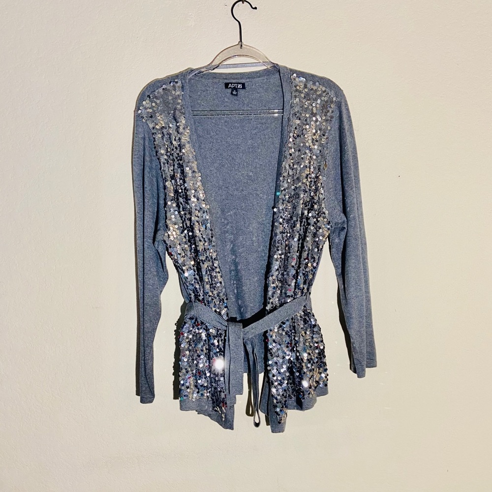 APT.9 Sequin Open Front Belted Cardigan